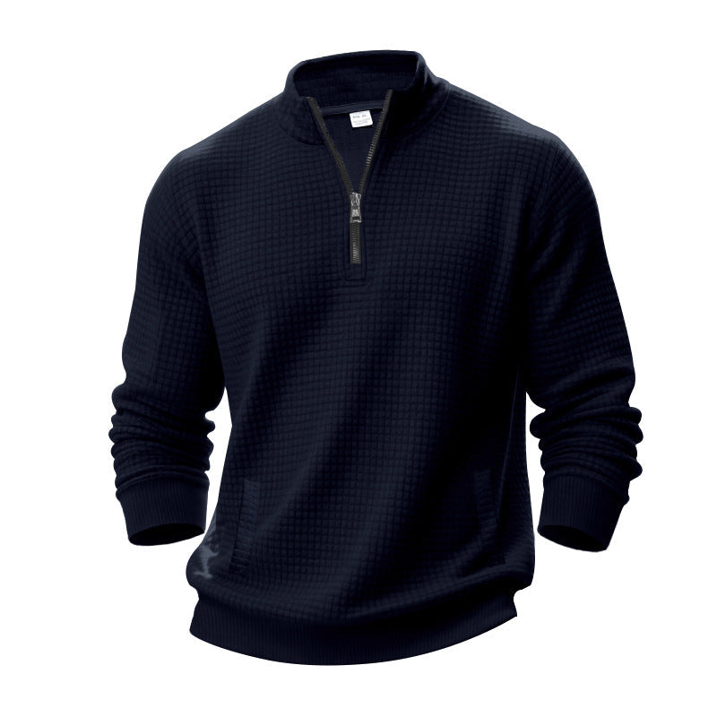 Herr Waffle Texture Halv Dragkedja Pullover med Ståkrage och Subtle Sidofickor
