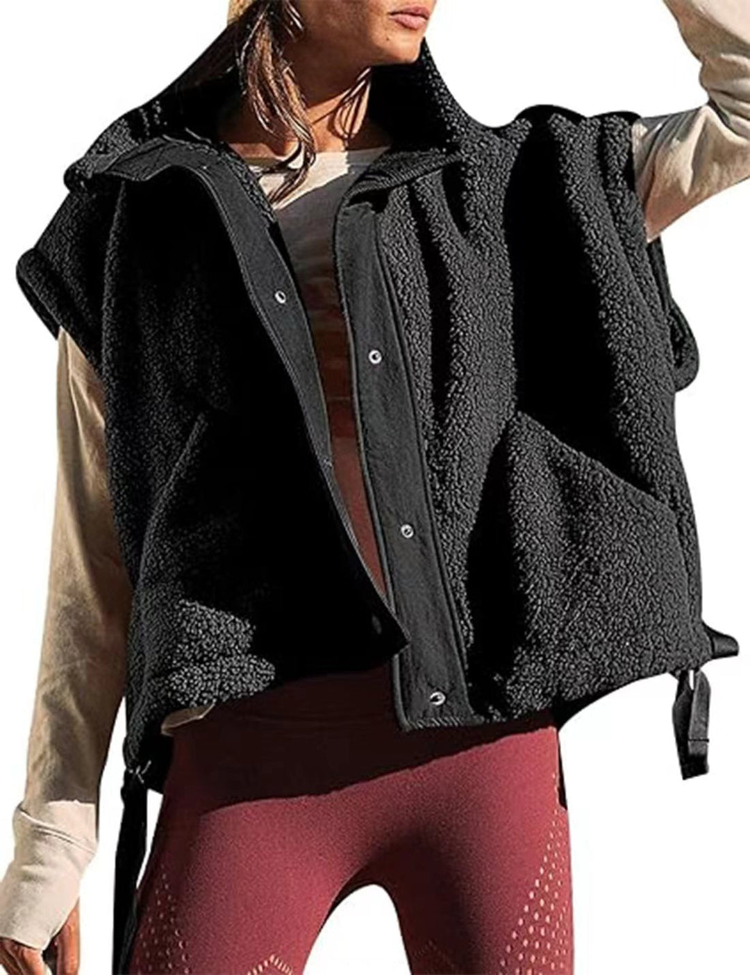 Dam oversize teddy fleece väst med huva och tryckknappar