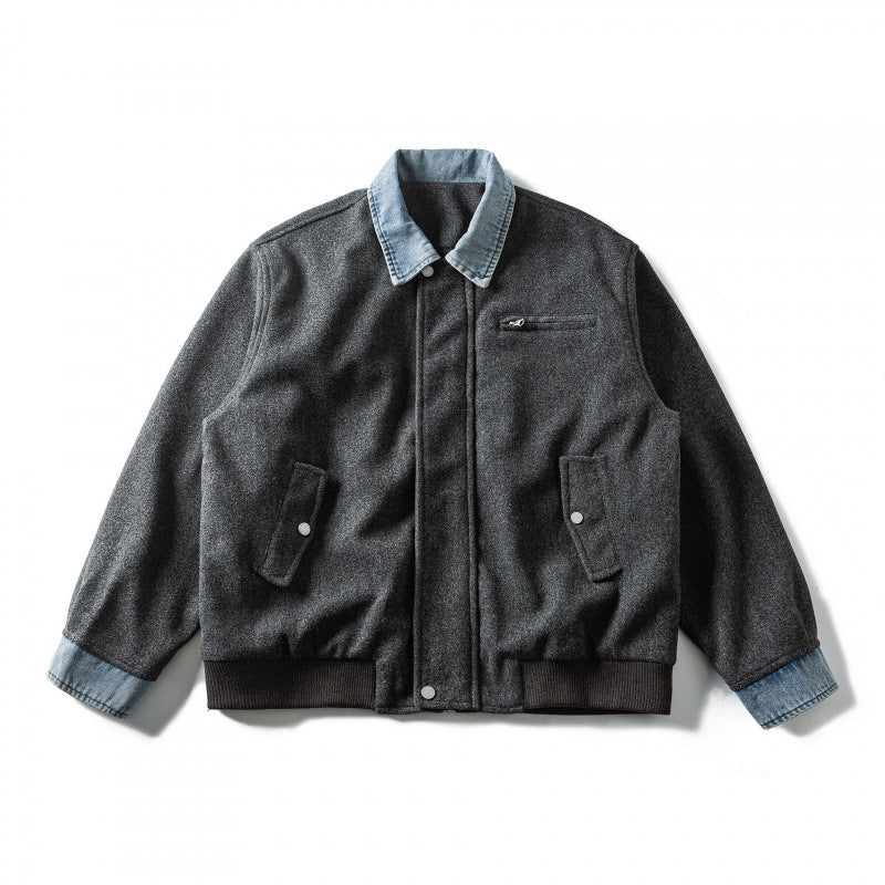 Herr short-cut ullblandning bomberjacka med denim krage, dold dragkedja, och fickor med lock