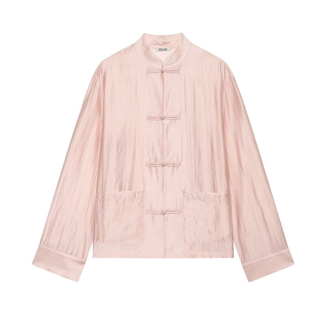 Dam Mandarin Krage Jacka med Chinese Knot Fastenings och Patch Fickor