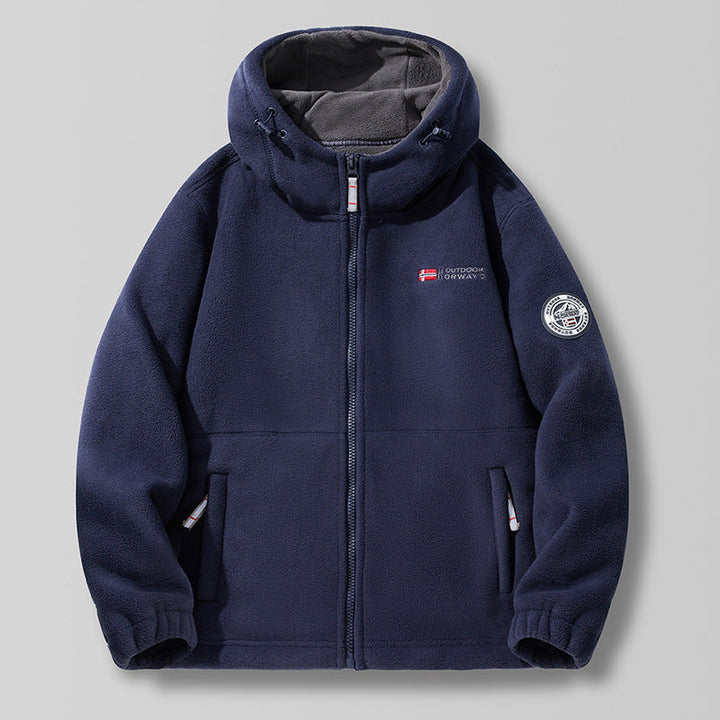 Unisex Hooded fleecejacka med hög krage, hel dragkedja och sidofickor.