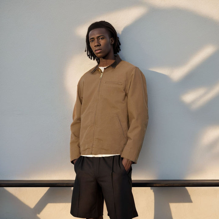 Herr dragkedja blouson i arbeteer stil med cord krage och breast ficka