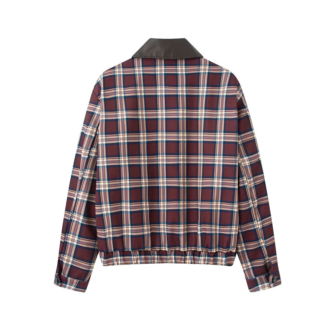 Dam kort skuren Checked Blouson med konstläder krage, dragkedja och Elastic fåll