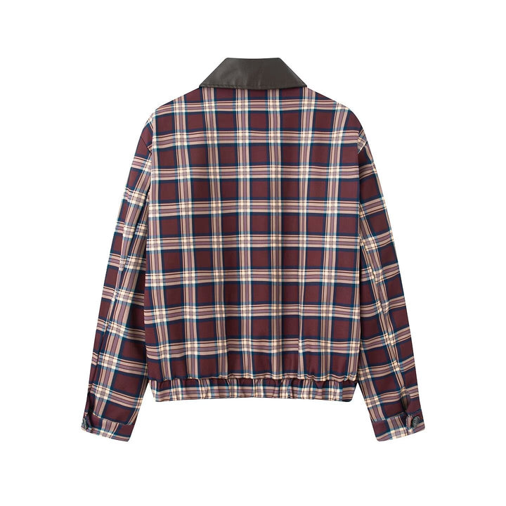 Dam kort skuren Checked Blouson med konstläder krage, dragkedja och Elastic fåll