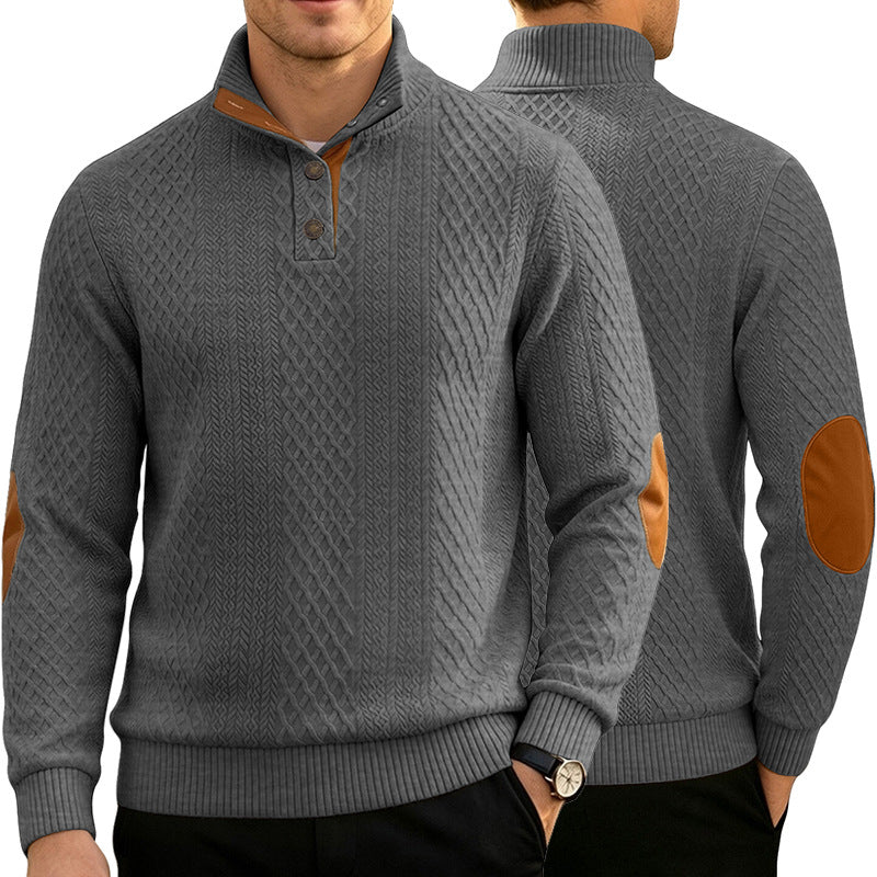 Herr Cable Stickad Jumper med Ståkrage och Läder Look Elbow Lappar
