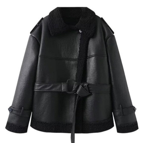 Dam 600+ Kort Jacka i Aviator Stil med Faux Fur Foder och Tie Belt