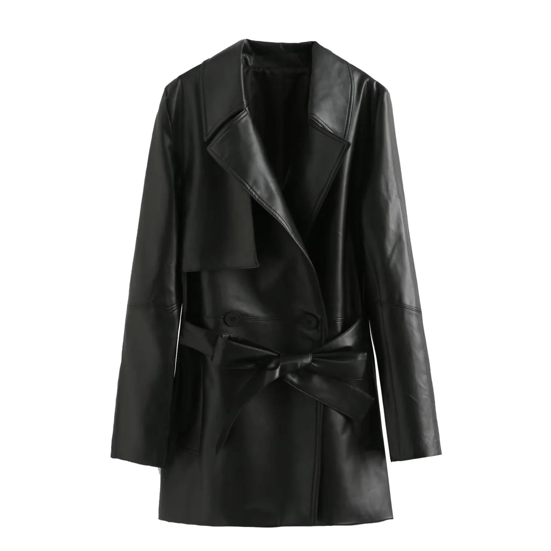 Dam vegan läder trenchcoat med sjalkrage, tie bälte och double-breasted
