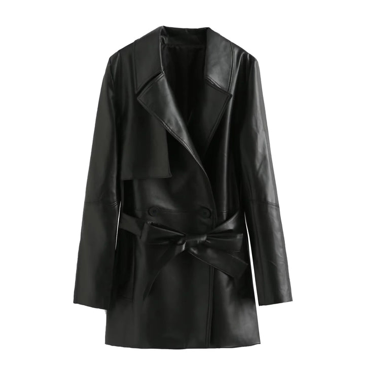 Dam vegan läder trenchcoat med sjalkrage, tie bälte och double-breasted