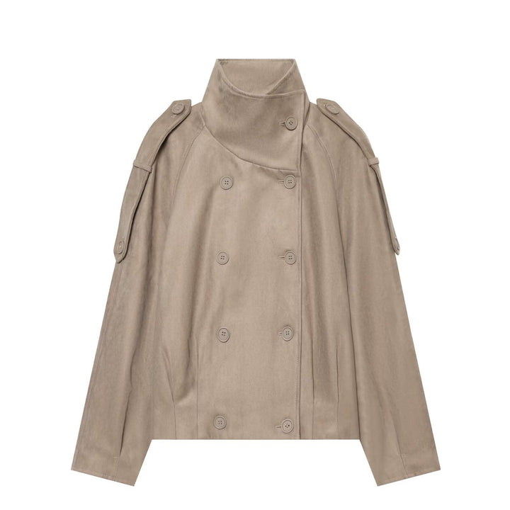 Dam Kort Skärning Trench Cape i Velour Look med Hög Stå Krage