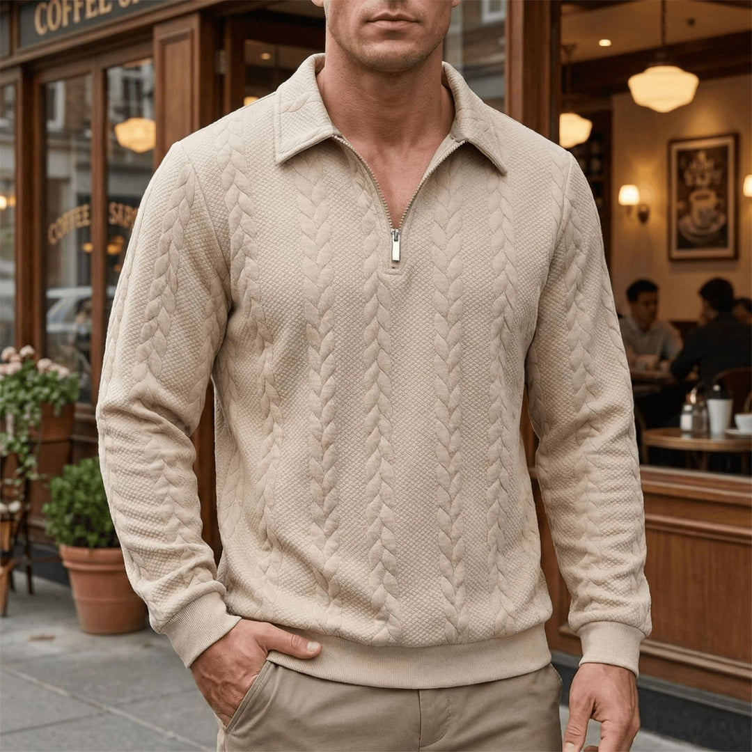 Herr Strukturerad Halv Dragkedja Pullover med Turtle Neck, Fin Cable Mönster och Elastiska Muddar
