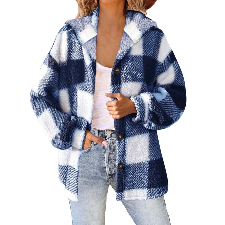 Dam fluffy rutig teddy jacka med huva, button closure och oversized passform