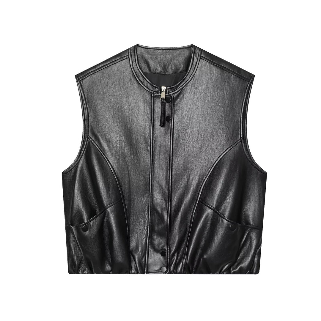 Dam Sleeveless Jacka i Läderlook med Stå Krage och Tailored Passform