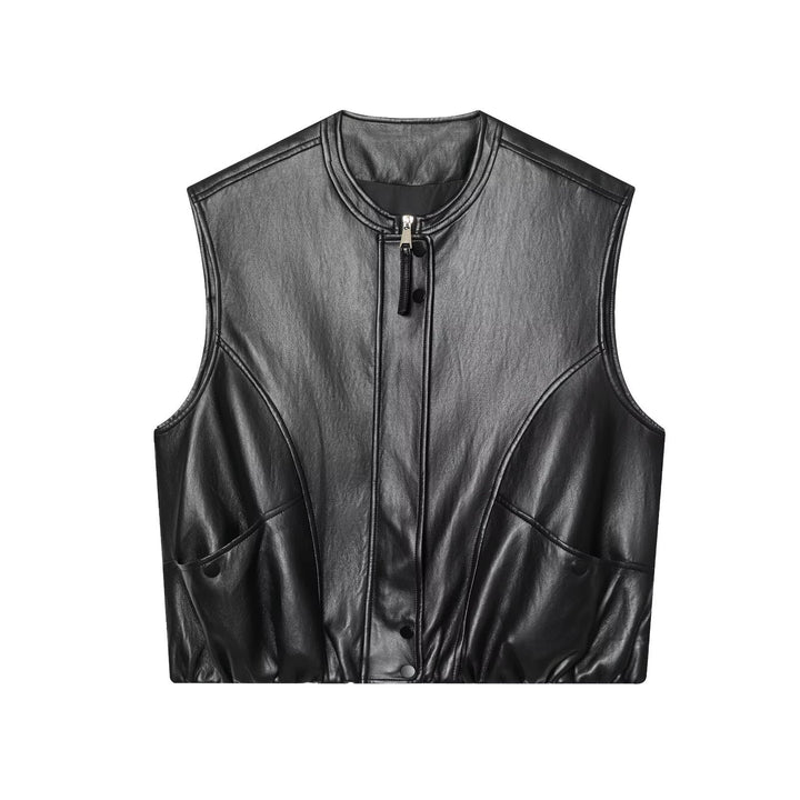 Dam Sleeveless Jacka i Läderlook med Stå Krage och Tailored Passform
