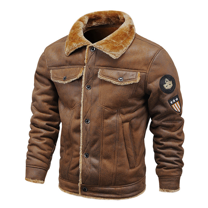 Herr pilot jacka tillverkad av synthetic läder med teddy päls foder och patch