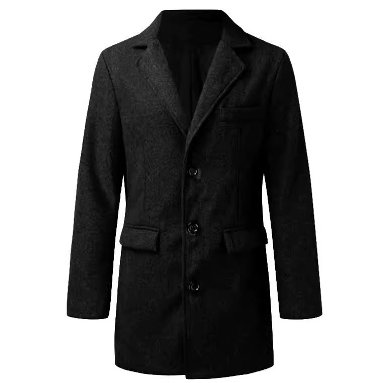 Herr modern lång kappa tillverkad av ullblandning med Smal Lapels, fickor med lock och slim passform