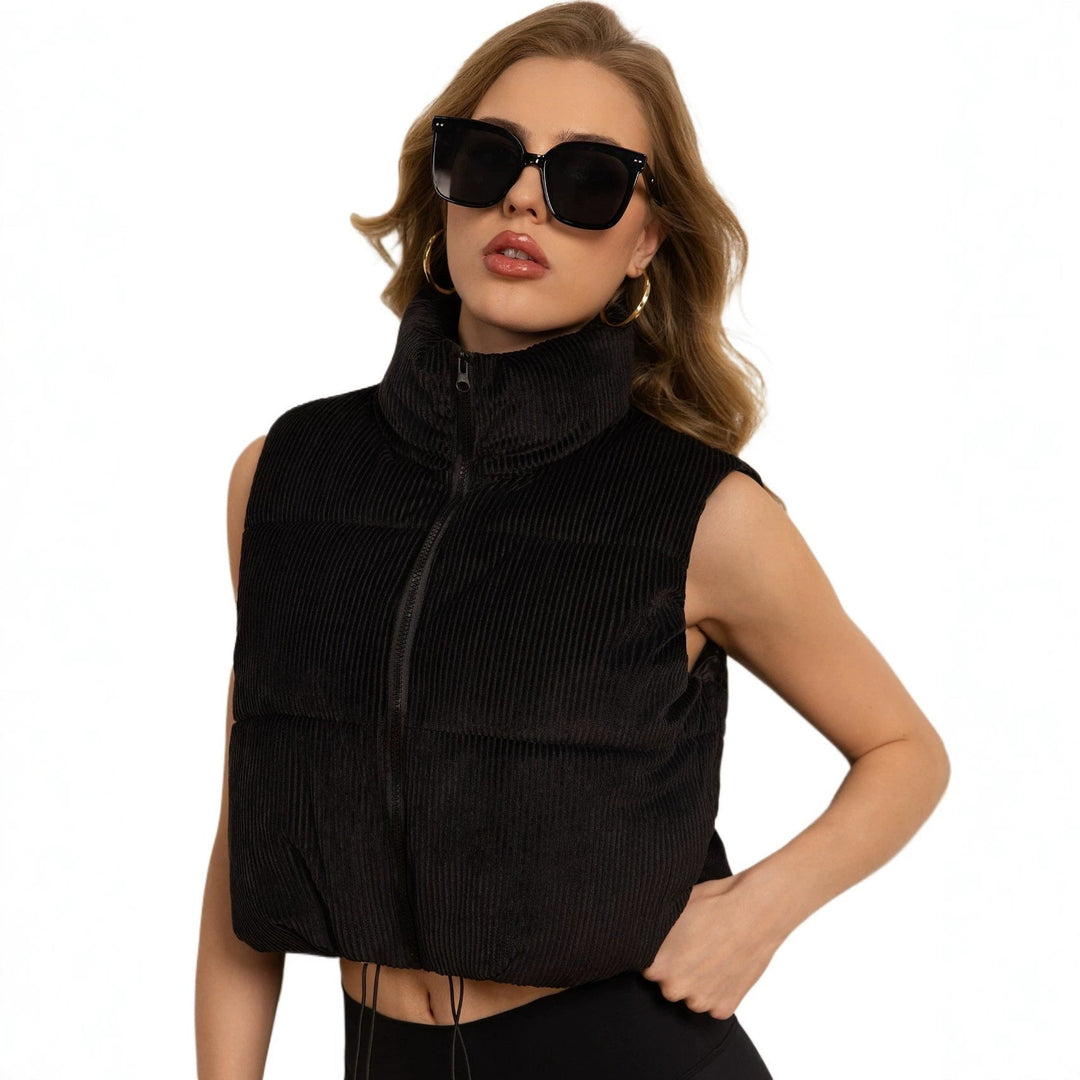 Dam non-vadderad manchester boxy väst med voluminous ståkrage och adjustable drawstring fåll