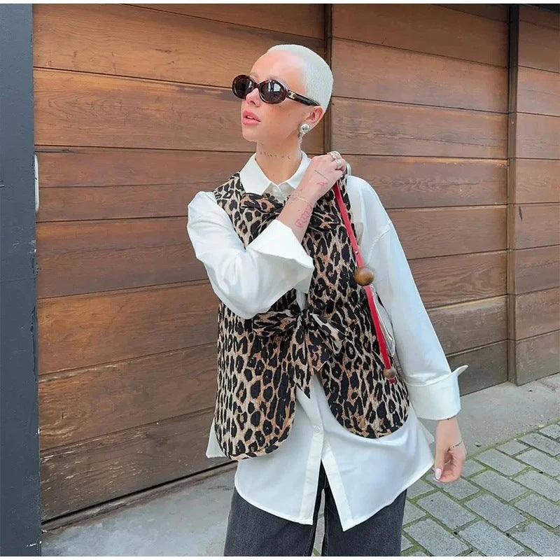 Dam ärmlös Leopard tryck väst med Ties och Textured Surface