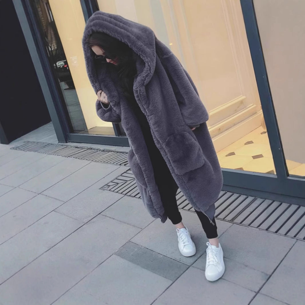 Dam oversize Fusk Päls Kappa med huva och Fickor