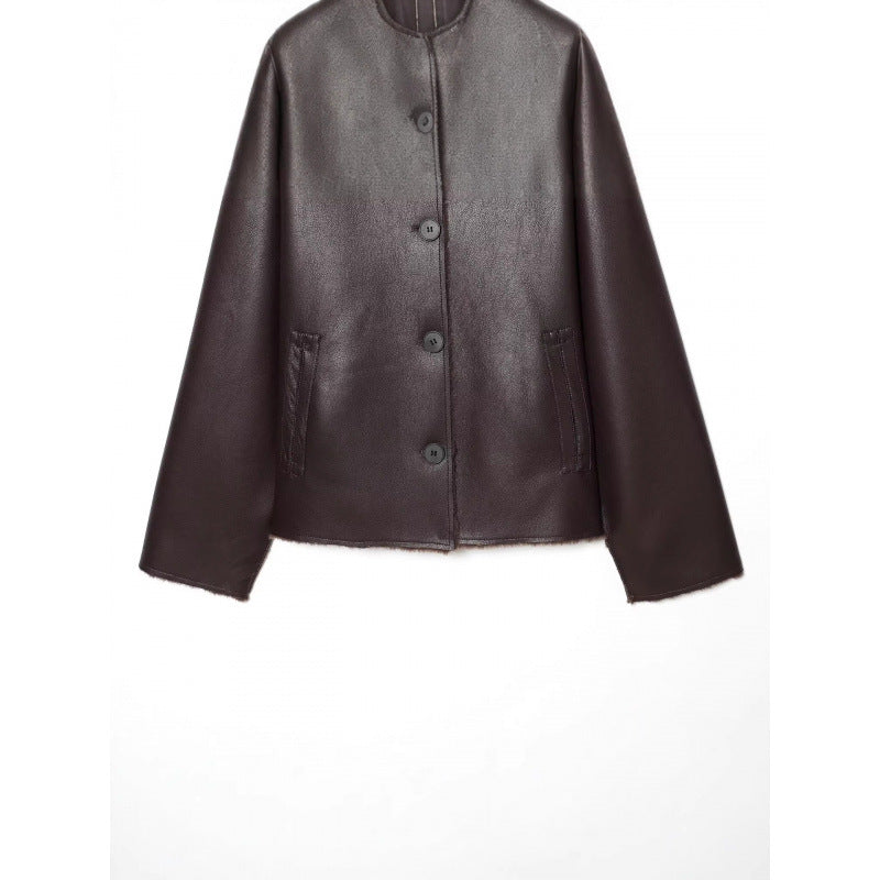 Dam Kort Reversible Sheepskin Jacka med Full Lapel Krage och Varm Teddy Foder