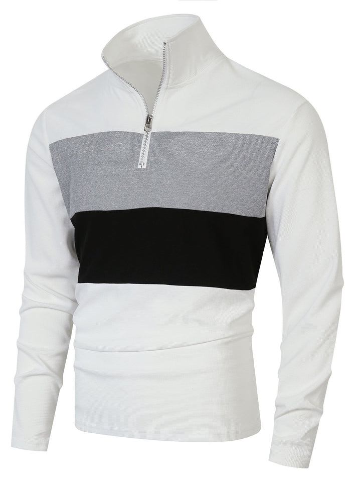 Herr Halv Dragkedja Pullover med Ståkrage, Bred Block Rand, och Finely Ribbad Texture