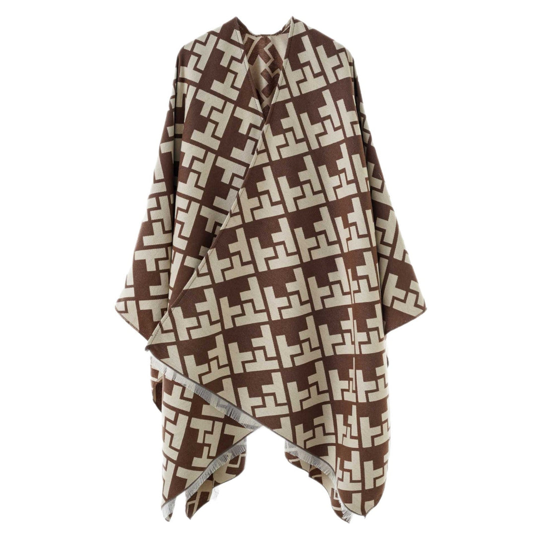 Dam Oversize Cape med Geometric Jacquard och fransfåll