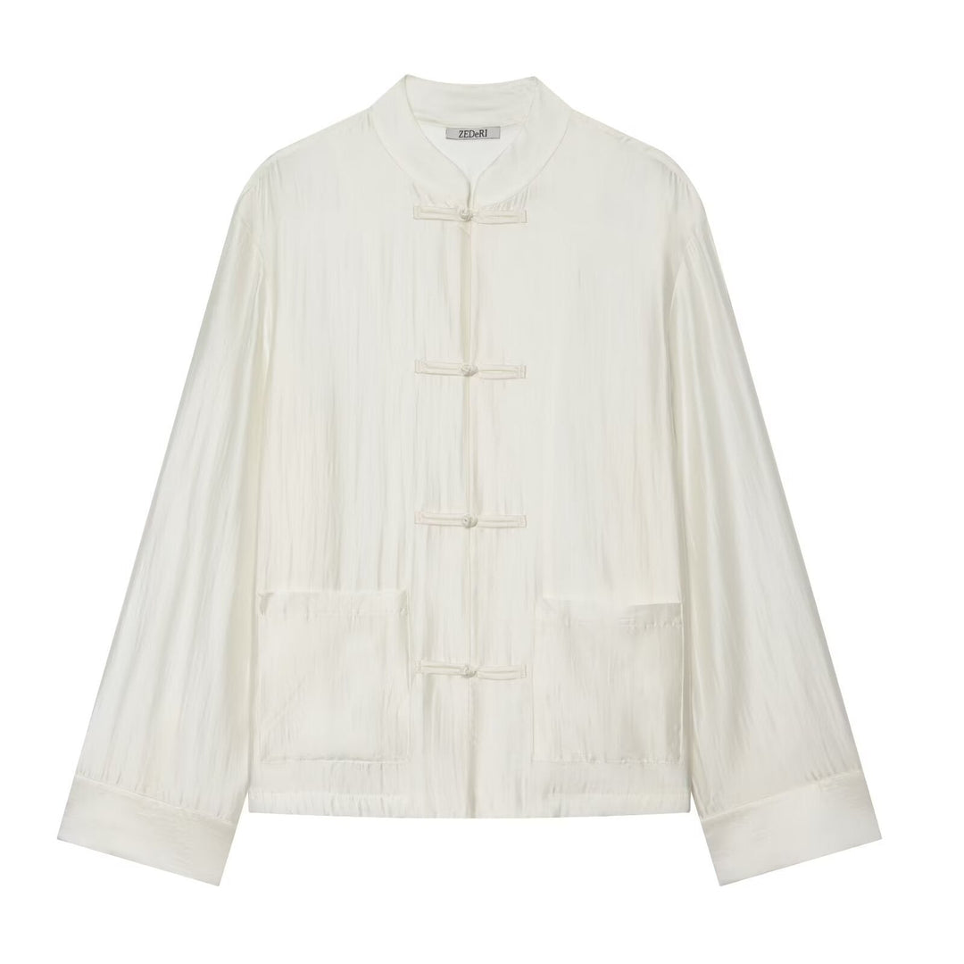 Dam Mandarin Krage Jacka med Chinese Knot Fastenings och Patch Fickor