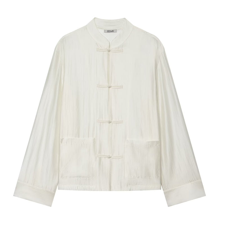 Dam Mandarin Krage Jacka med Chinese Knot Fastenings och Patch Fickor