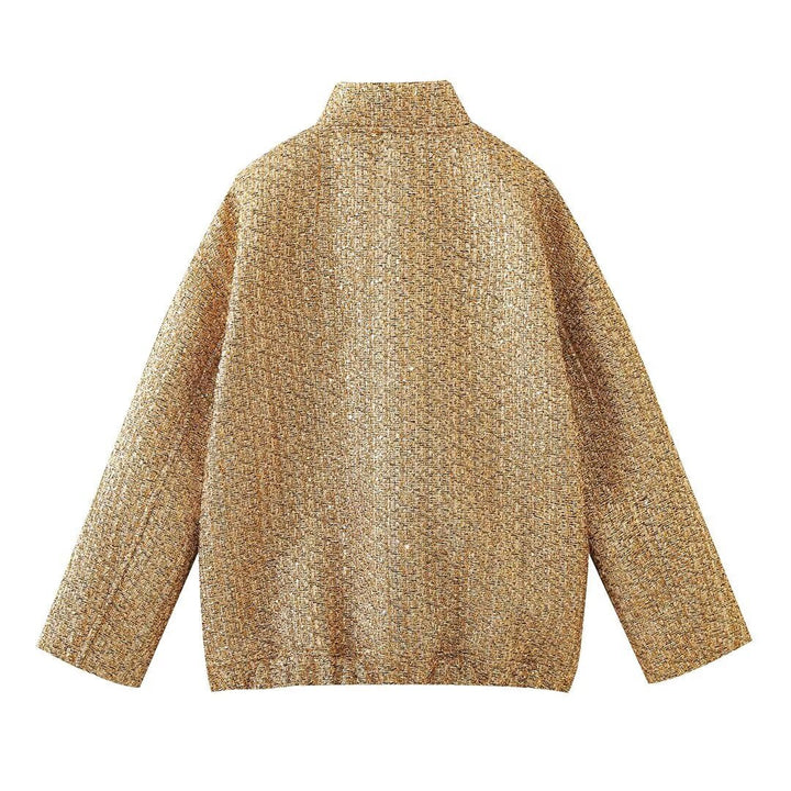 Dam avslappnad tweed jacka med kort ståkrage, concealed front, och påsydda fickor