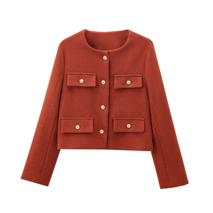 Dam Kort-Skärning Bouclé Tweed Jacka med Round Neckline Decorative Knapp Detaljer och Attached Lockfickor