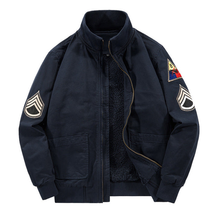 Herr Flight Jacka med Sherpa Foder, Embroidered Patch Detaljer, och Ribbad Fåll