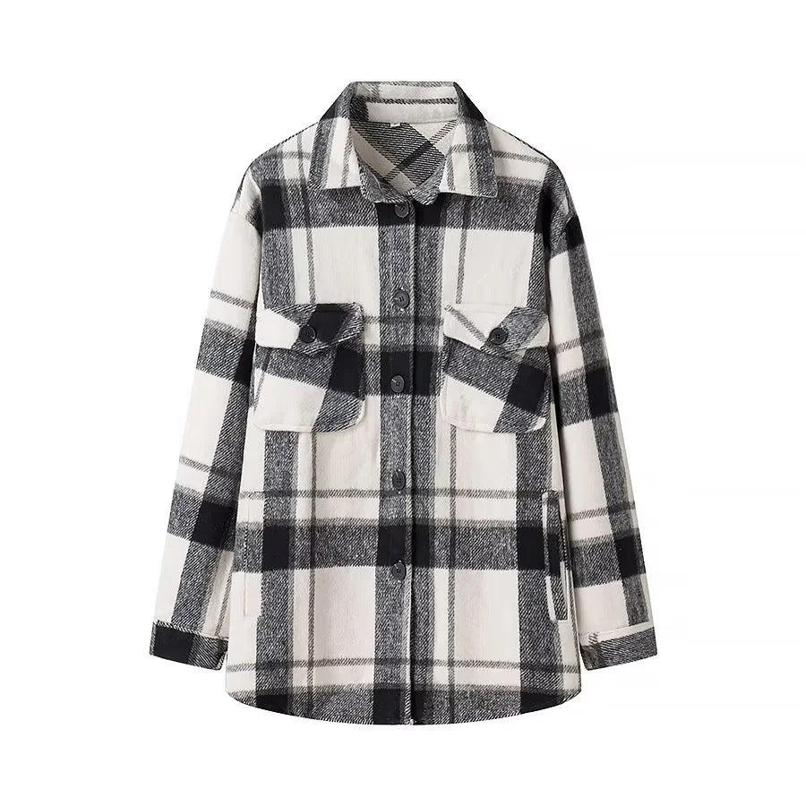 Dam rutig overshirt i shacket stil med patch bröstfickor