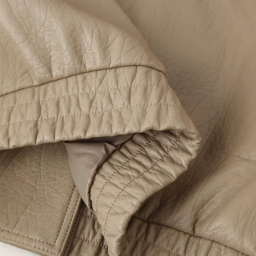 Dam Kort Läderlook Blouson med Double Row, Elastic Nederkant och Oversize Lapels