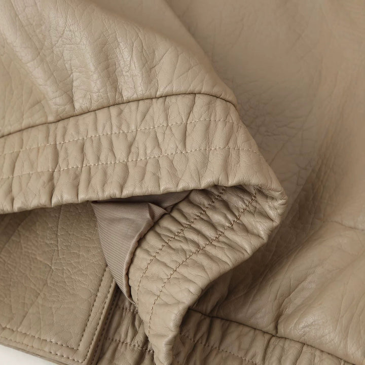 Dam Kort Läderlook Blouson med Double Row, Elastic Nederkant och Oversize Lapels