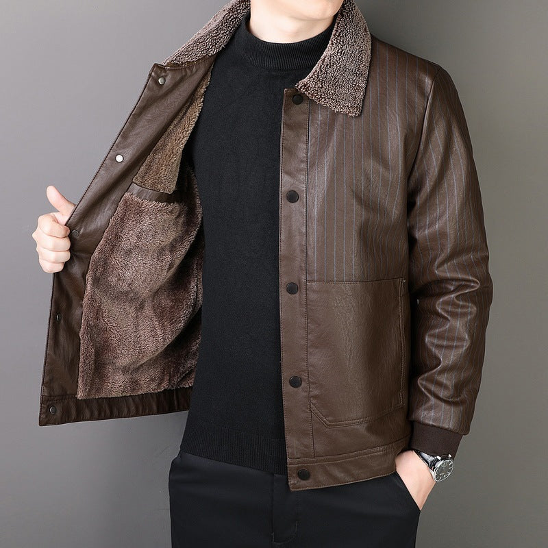 Herr Konstläder Blouson med Sherpa Krage, Varm Teddyfoder och Pinstripe Detalj