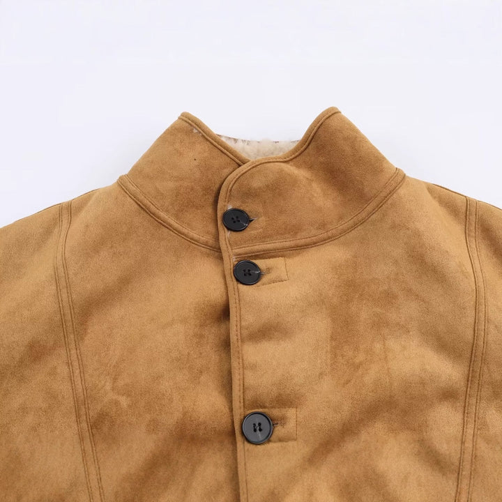 Dam Kort Lambskin Imitation Jacka i Boxig Skärning med Ståkrage och Stor Outer Fickor
