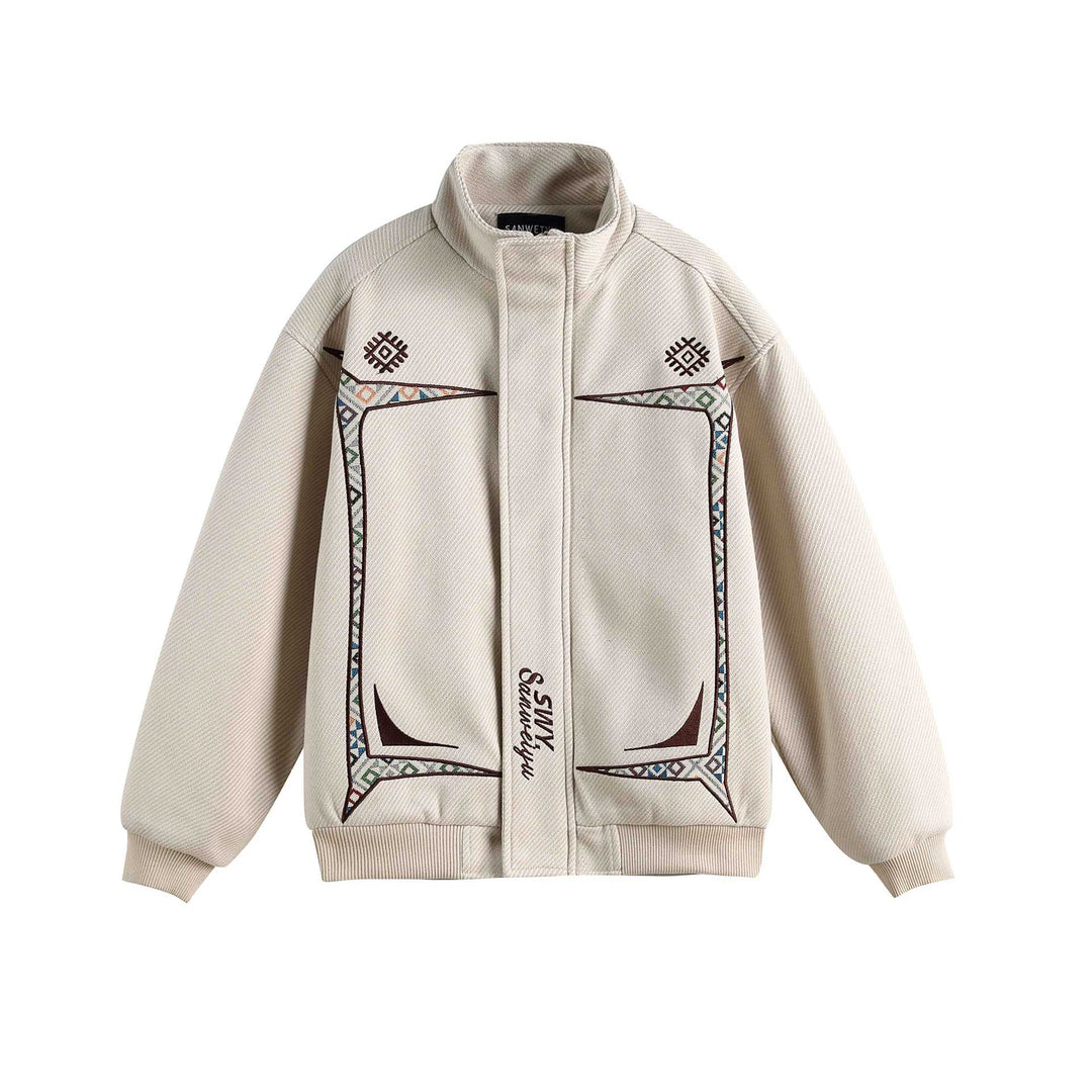 Dam Lätt Ståkrage Jacka med Folk Embroidery Appliqués och Ribbstickade Muddar