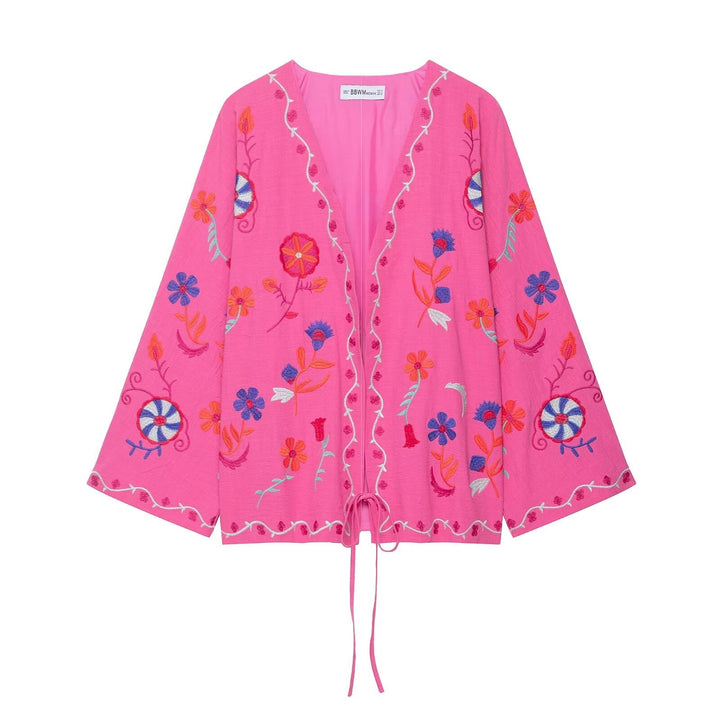 Dam Embroidered Kimono Jacka med Tie Belt och Blommig Application