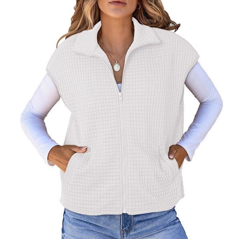 Dam Quiltad Väst med Strukturerad Waffle Look, Ståkrage och Hel-Length Dragkedja