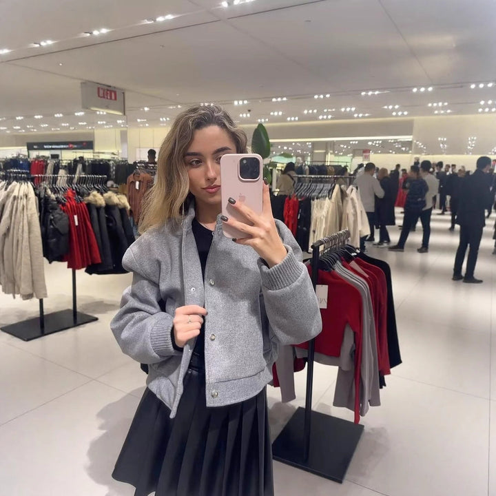 Dam 70+ Kort Ull Blend Blouson Jacka med Dragkedja, Skjort Krage och Lock Fickor