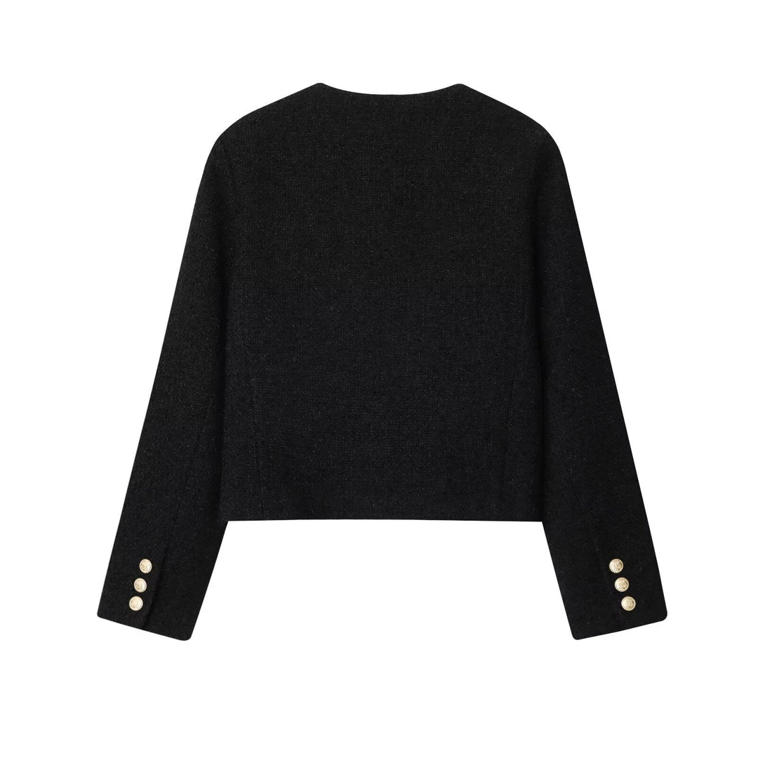 Dam 80+ Kort Skärning Boucléjacka med Round Neck, Golden Dekorativ Knappar och Lock Fickor