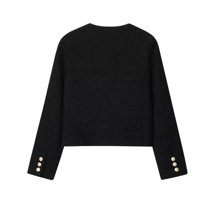 Dam 80+ Kort Skärning Boucléjacka med Round Neck, Golden Dekorativ Knappar och Lock Fickor