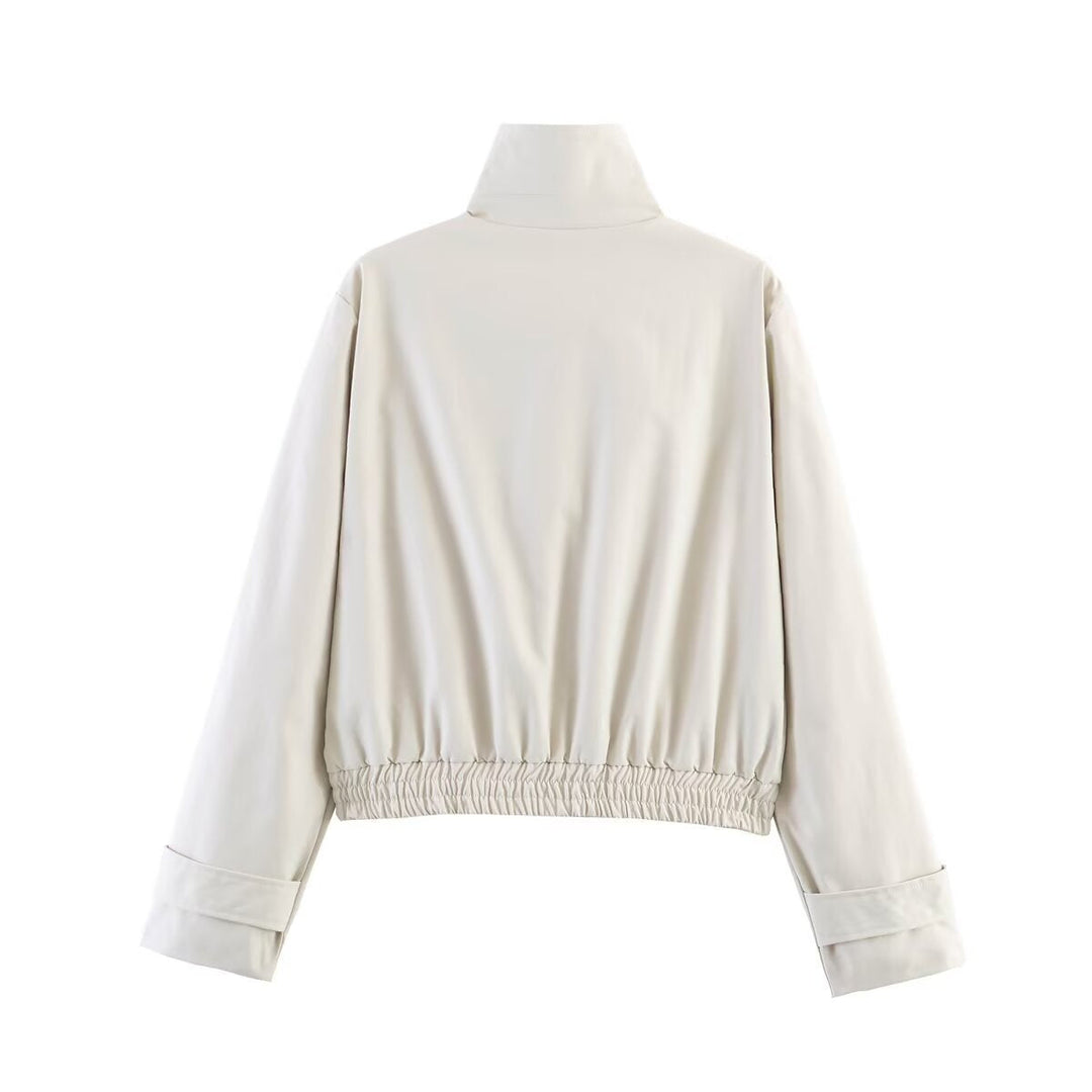 Dam kort skärning boxy blouse jacka med hög ståkrage, snap knappslå, och elastic fåll