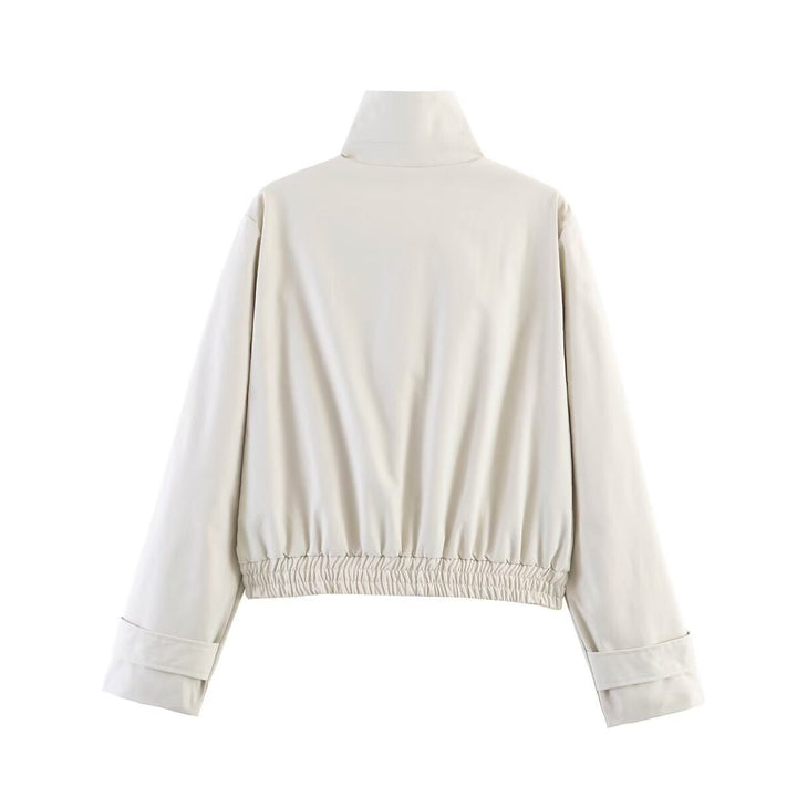 Dam kort skärning boxy blouse jacka med hög ståkrage, snap knappslå, och elastic fåll