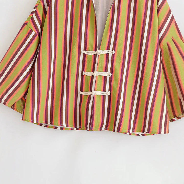 Dam Randig Kimono Jacka med Kort Trumpet Ärmar och Dekorativ Knot Closures