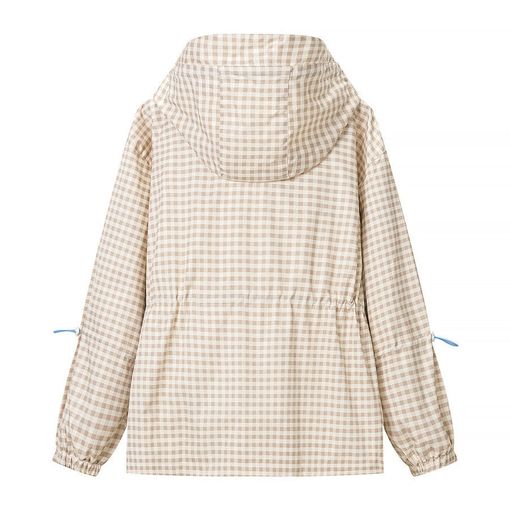 Dam 20+ Lätt Rutig med Huva Jacka med Drawstring, Dragkedja, och Funktionell Fickor