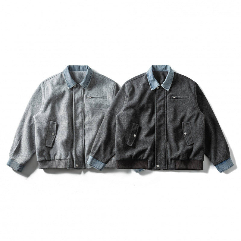 Herr short-cut ullblandning bomberjacka med denim krage, dold dragkedja, och fickor med lock