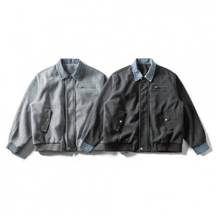 Herr short-cut ullblandning bomberjacka med denim krage, dold dragkedja, och fickor med lock