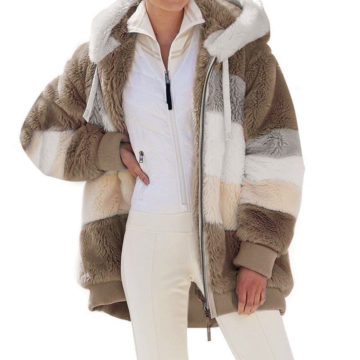 Dam oversized faux fur patchwork hooded jacka med ribbstickade muddar och two-way dragkedja