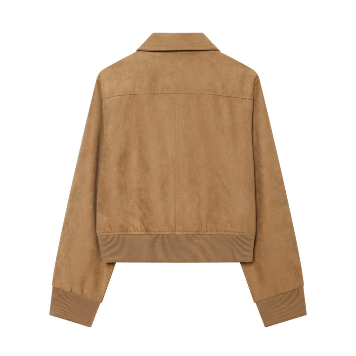 Dam Kort Suede Bomber med Dragkedja, Lock Fickor och Ribbed Nederkant