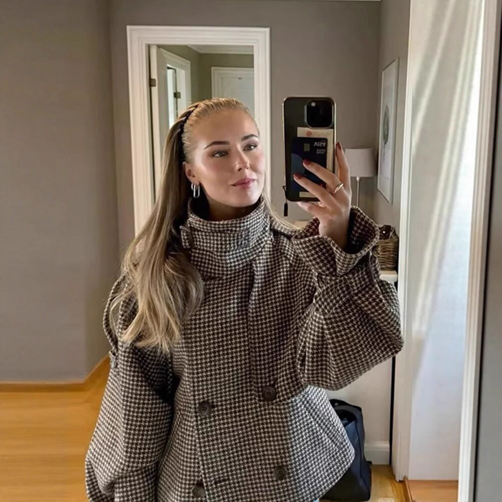 Dam oversize trenchcoat med Houndstooth mönster, hög ståkrage och Shoulder Epaulettes